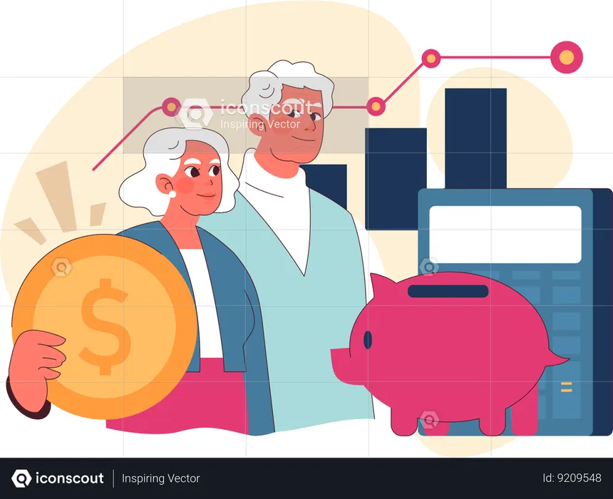 Elderly couple reviewing growth in retirement savings  Illustration