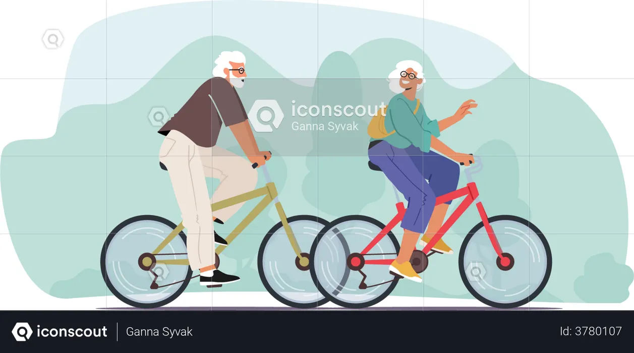 Elderly couple riding bicycle  Illustration