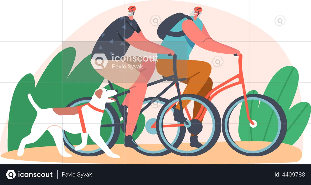 Elderly couple riding bicycle in the park with pet dog  Illustration