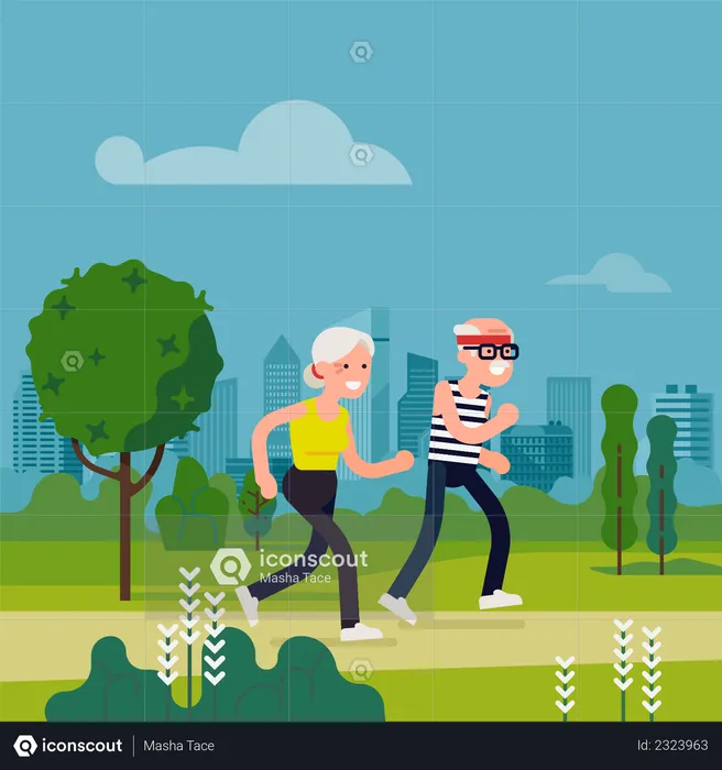 Elderly couple running in city park  Illustration