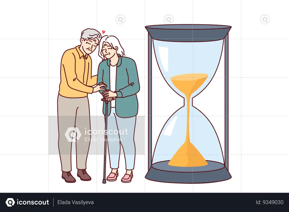 Elderly couple senses fading away and approach death standing near giant hourglass symbolizing life  Illustration