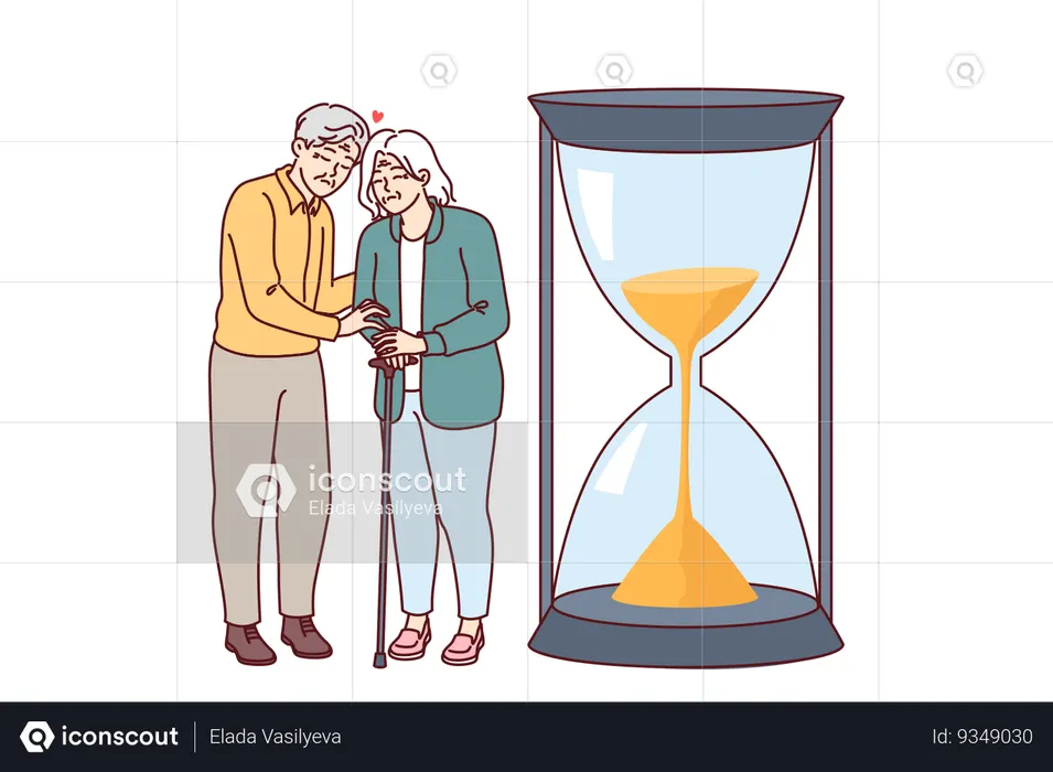 Elderly couple senses fading away and approach death standing near giant hourglass symbolizing life  Illustration