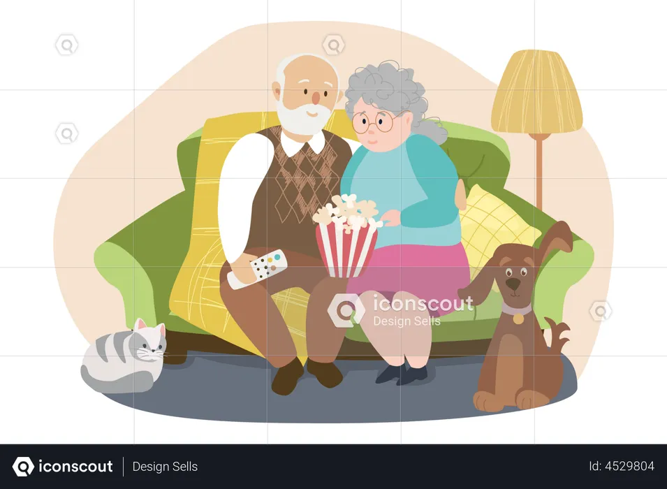 Elderly couple sitting at sofa and watching TV  Illustration