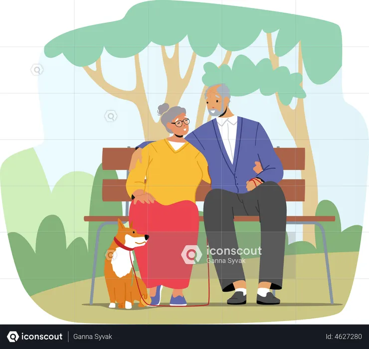 Elderly Couple Spending Time With Dog at City Park  Illustration
