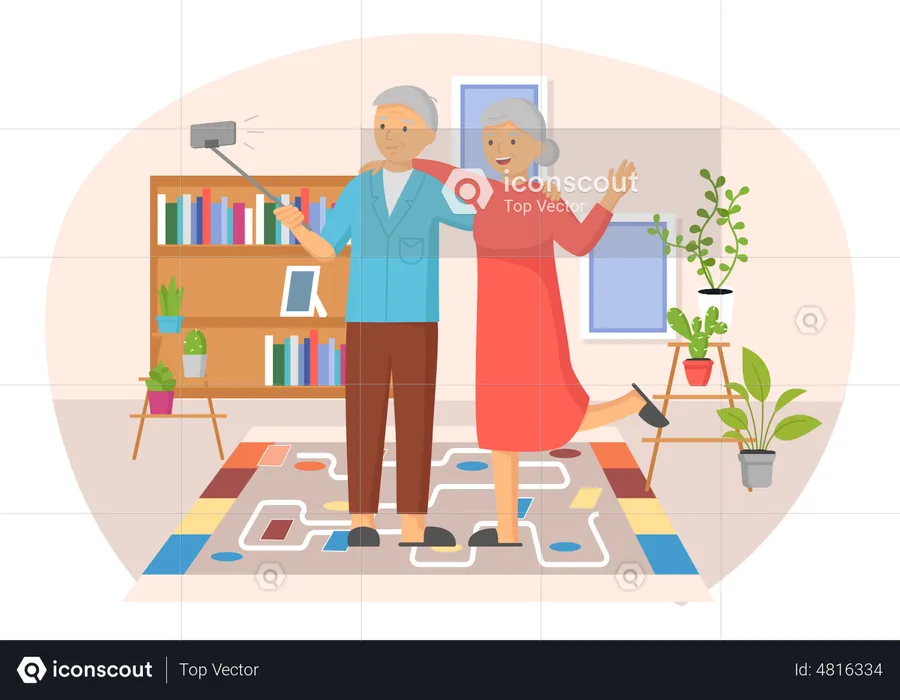 Elderly couple takes selfie at home  Illustration