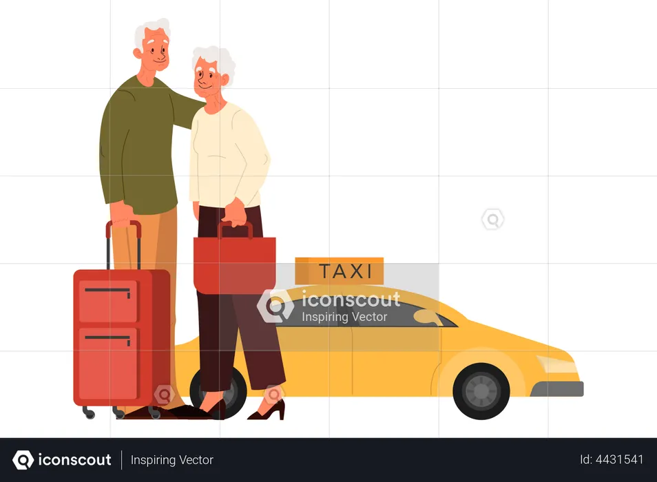 Elderly couple waiting for taxi  Illustration