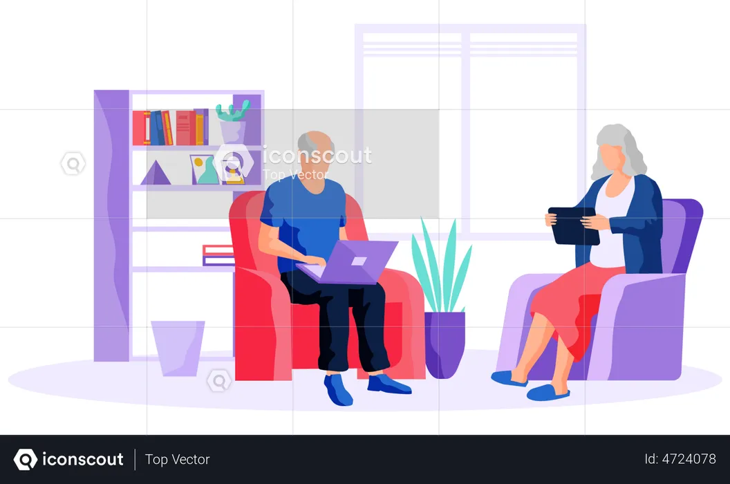 Elderly couple working on computer  Illustration