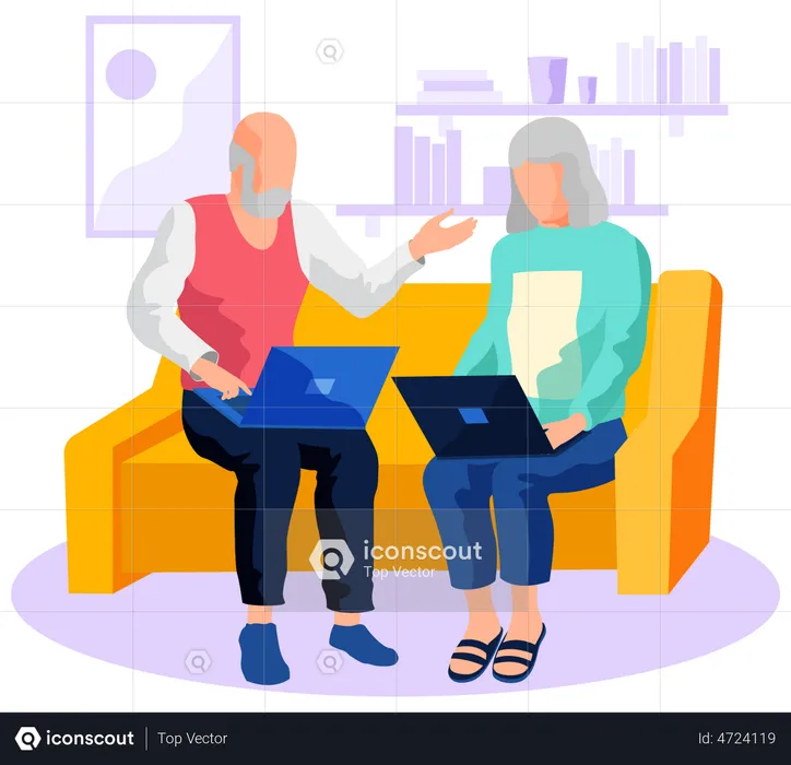Elderly couple working on laptop  Illustration