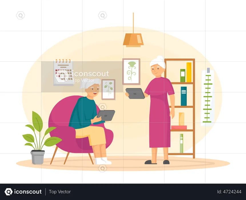 Elderly couple working on laptop  Illustration
