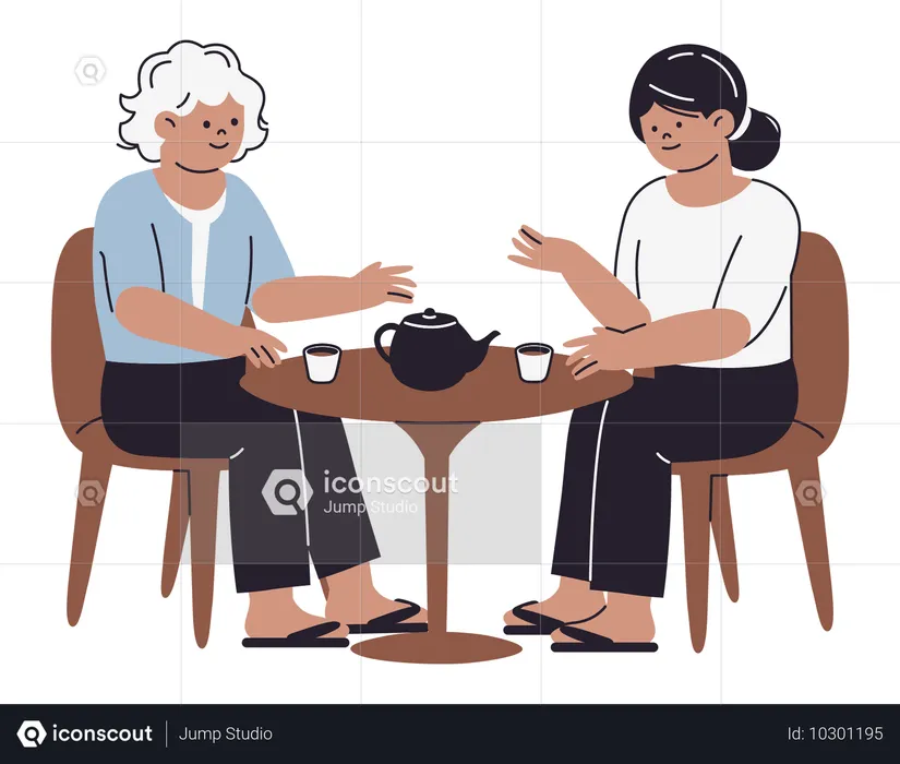 Elderly Drinking Tea at Table  Illustration