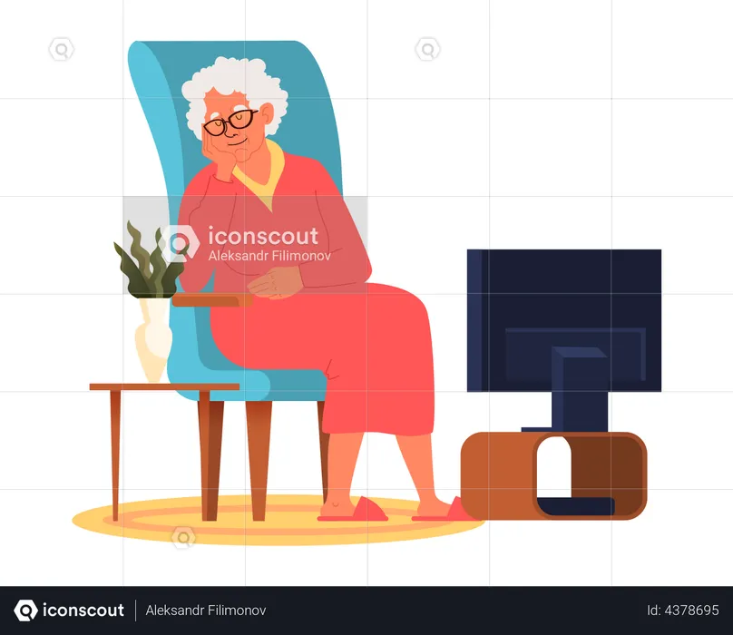 Elderly female sitting on armchair and watching TV  Illustration