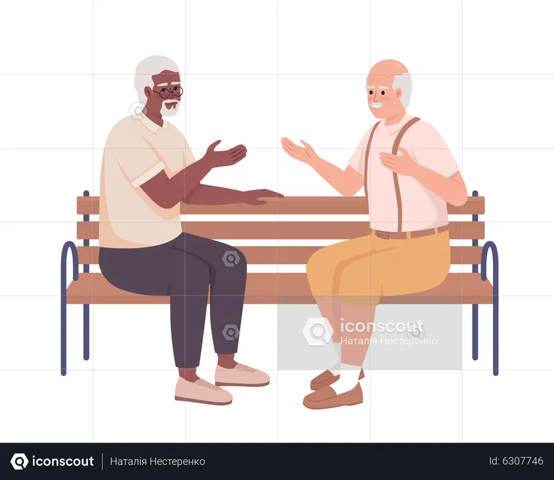 Elderly friends having conversation on bench  Illustration