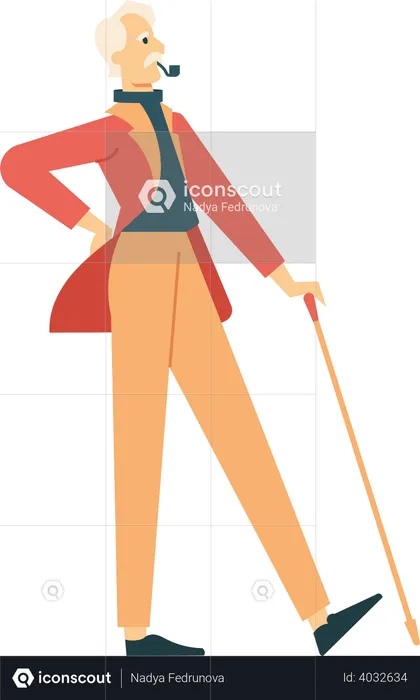 Elderly gentleman with pipe and cane walking  Illustration