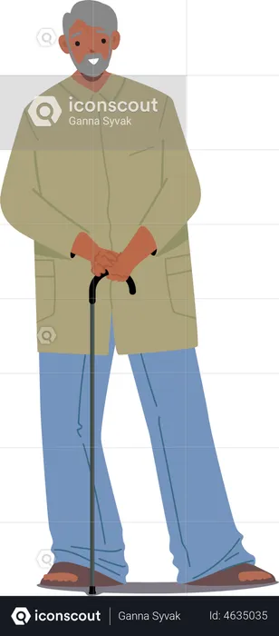 Elderly Indian Man with Walking Cane  Illustration