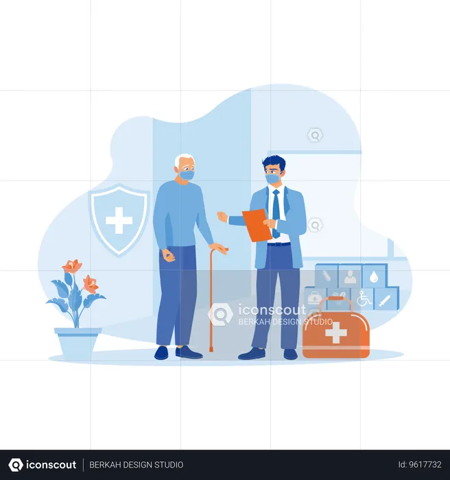 Elderly Male Patient Wearing Mask Visits Health Clinic  Illustration