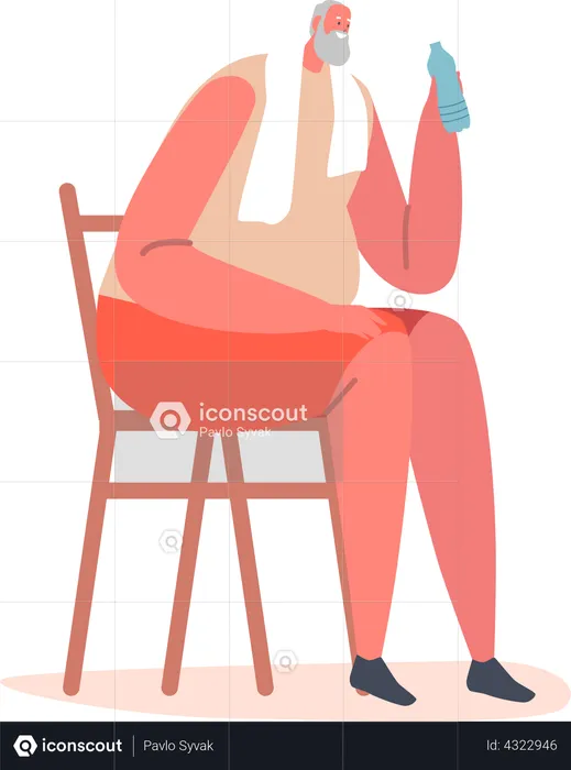 Elderly Male Sitting on Chair with Towel on Shoulders Drink Water after Exercise  Illustration