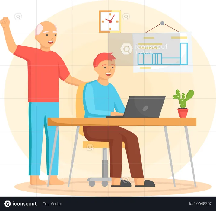 Elderly man and his grandson surfing internet together  Illustration