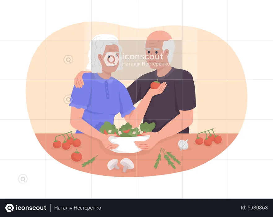 Elderly man and woman at kitchen  Illustration