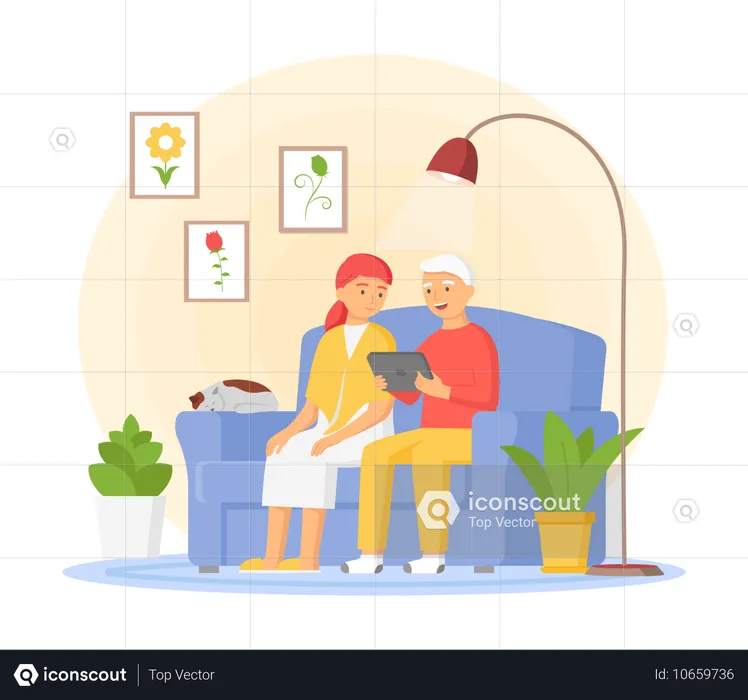 Elderly man and woman surfing internet together at home studies modern communication technologies  Illustration