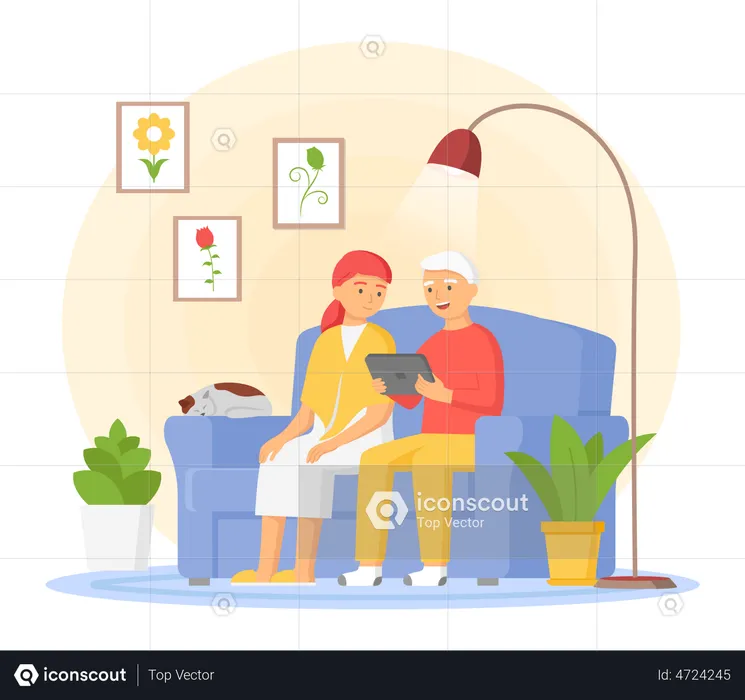 Elderly man and woman watching video on tablet  Illustration