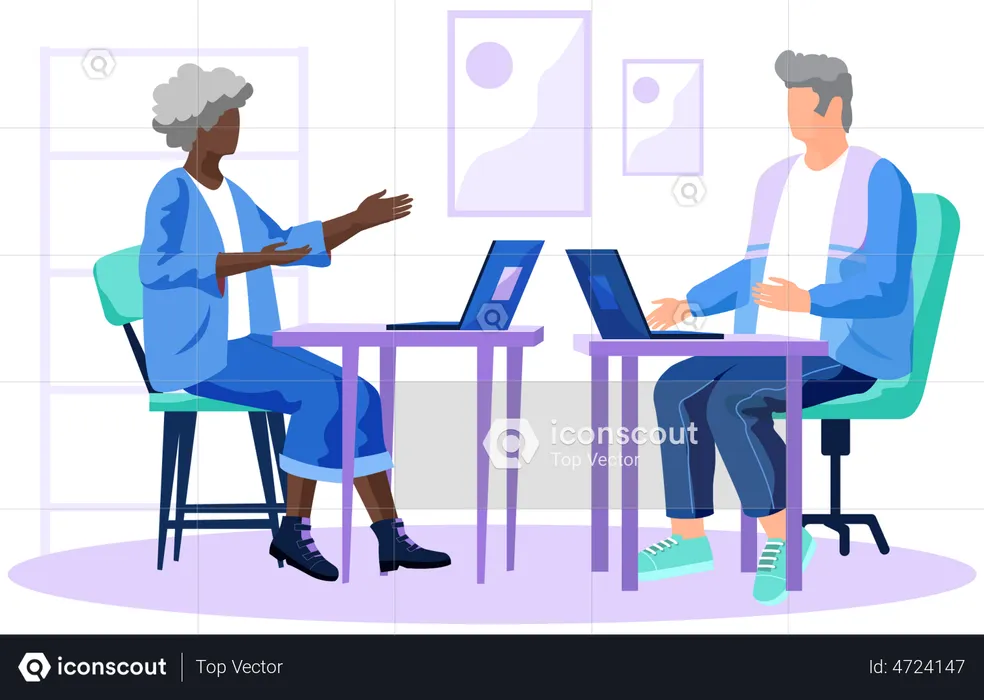 Elderly man and woman working on laptop  Illustration