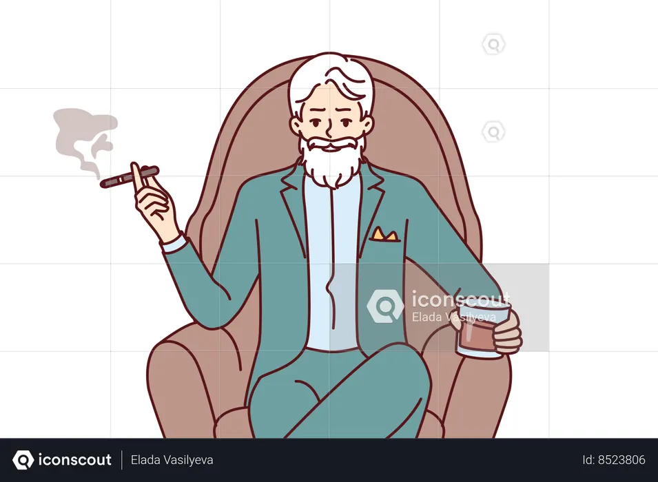 Elderly man aristocrat sits in armchair in expensive formal suit and drinks brandy with cigar  Illustration