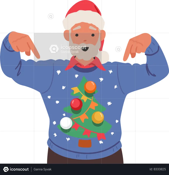 Elderly Man Character Dons A Festive Christmas Sweater With Decorated Pine Tree Pattern  Illustration