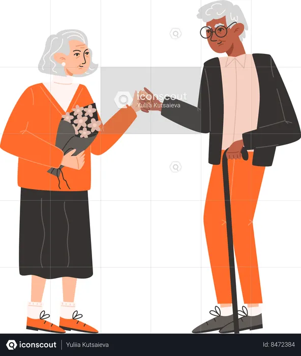 Elderly man congratulates his beloved on Valentines Day and gives flowers  Illustration