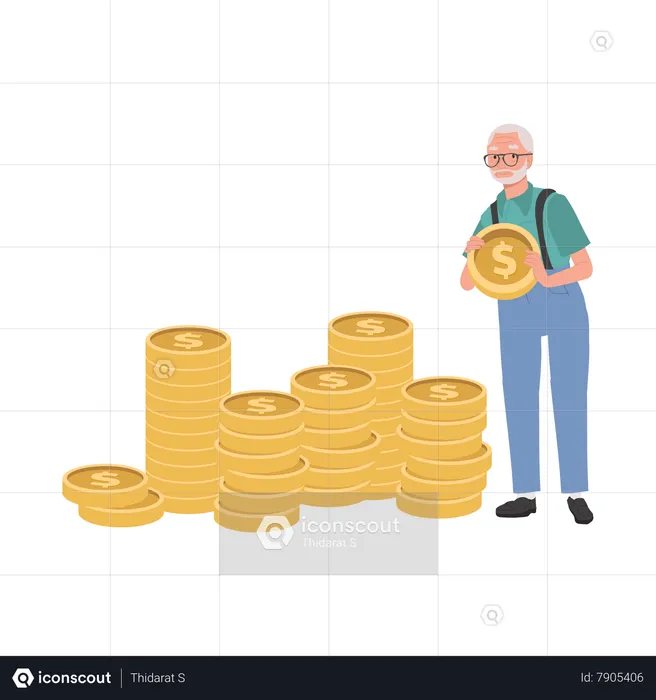 Elderly man Creating a Coin Stack for Savings and Retirement  Illustration
