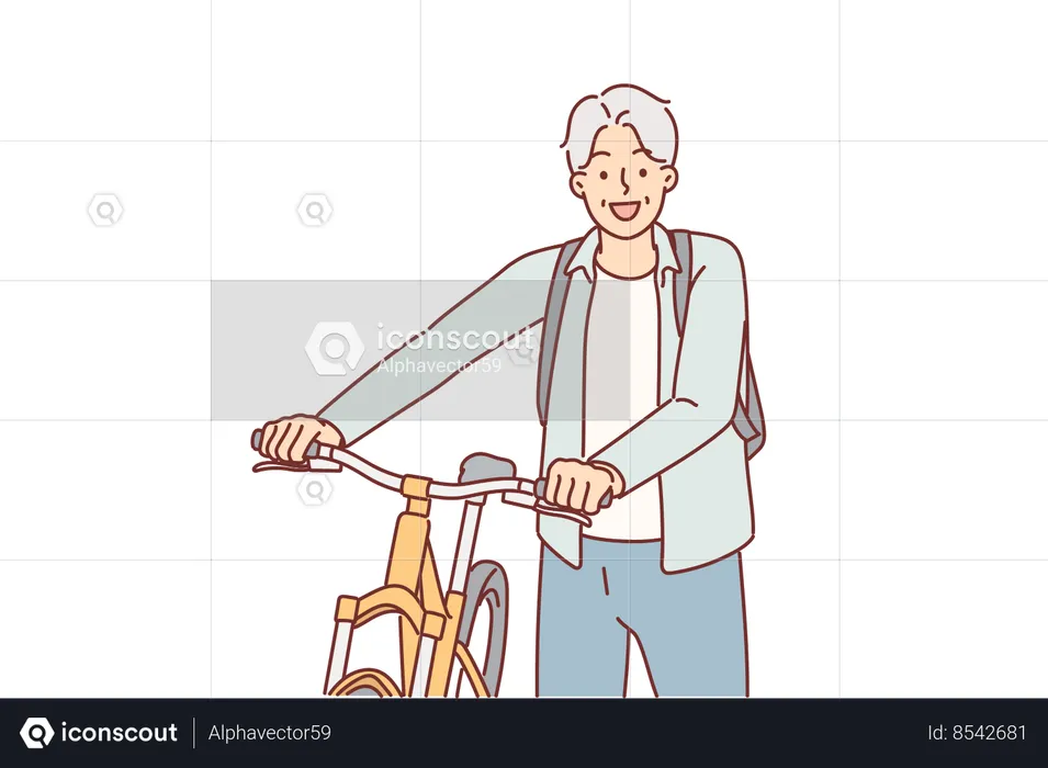 Elderly man cyclist stands near bicycle  Illustration