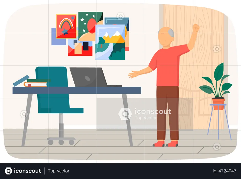 Elderly man doing workout while attending online gym class  Illustration