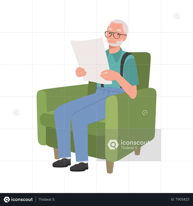 Elderly man Enjoying Tranquil Reading of Newspaper on Cozy Couch  Illustration