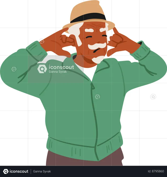 Elderly Man Expressing Discomfort By Shutting His Ears With Indignant Expression  Illustration