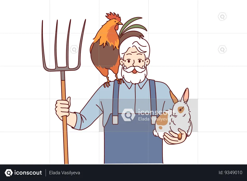Elderly man farmer engaged in agriculture and livestock raising holds rake and rabbit with rooster  Illustration