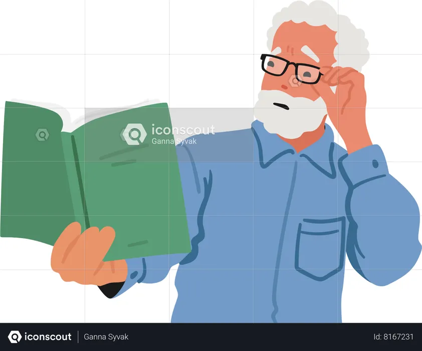 Elderly Man In Glasses Squints At Blurry Book  Illustration
