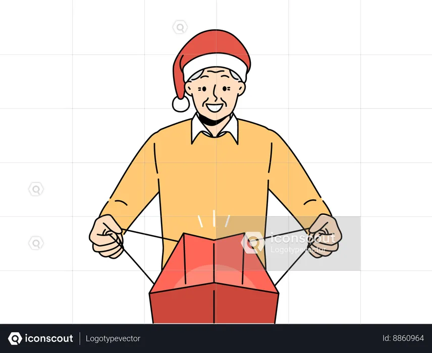 Elderly man in santa claus hat opens package with christmas gift and smiles with joy at receiving present on new year eve  Illustration