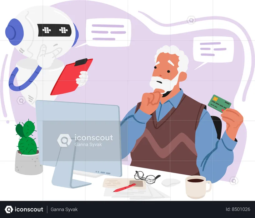 Elderly man is seeking help from chatbot for doing card payment  Illustration