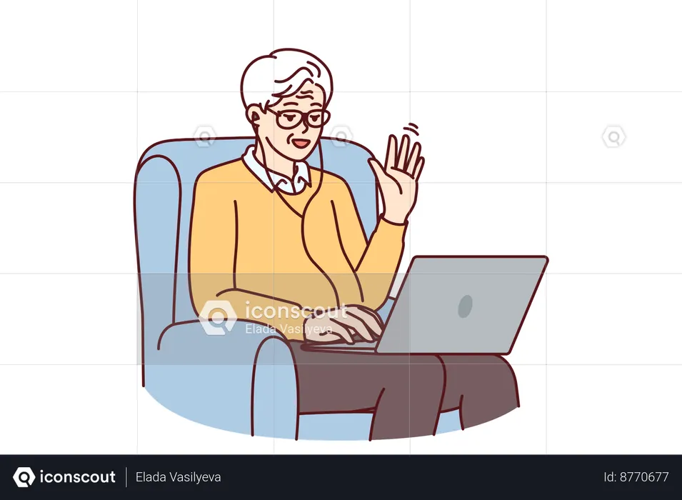 Elderly man makes video call through laptop  Illustration