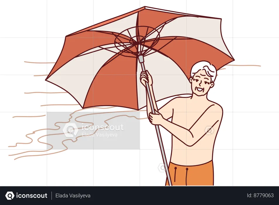 Elderly man opens beach umbrella  Illustration