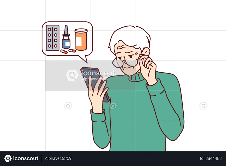 Elderly man orders medicines for home delivery using mobile phone from pharmacy application  Illustration