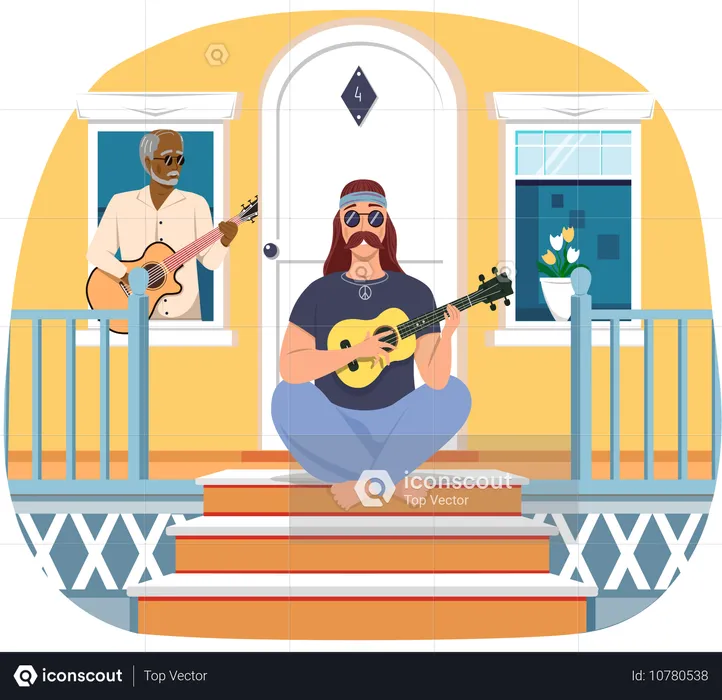 Elderly man sings on doorstep of house  Illustration