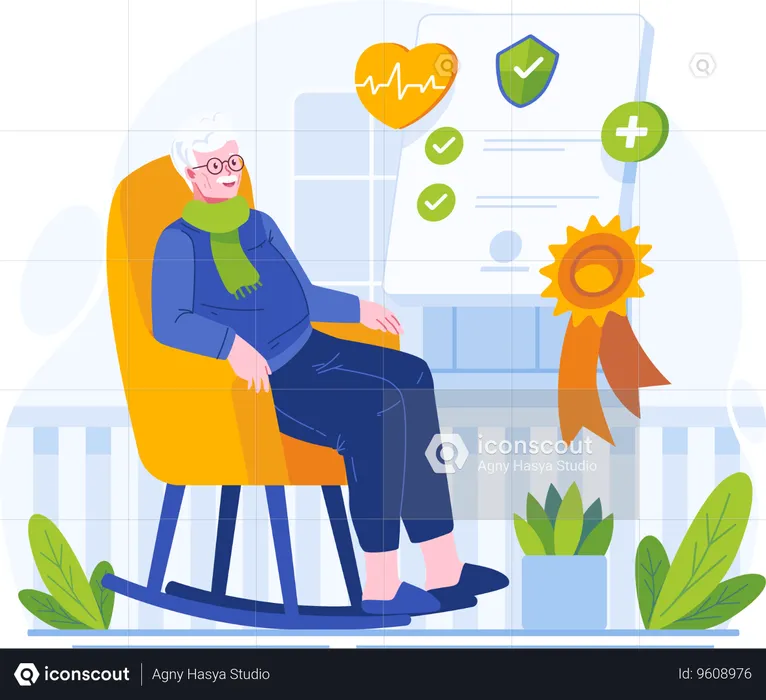 Elderly Man Sitting in a Rocking Chair is cheerful and confident because he has insurance  Illustration