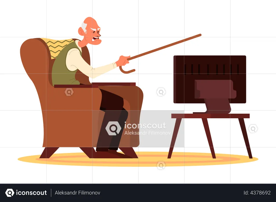 Elderly man sitting on armchair and watching TV  Illustration