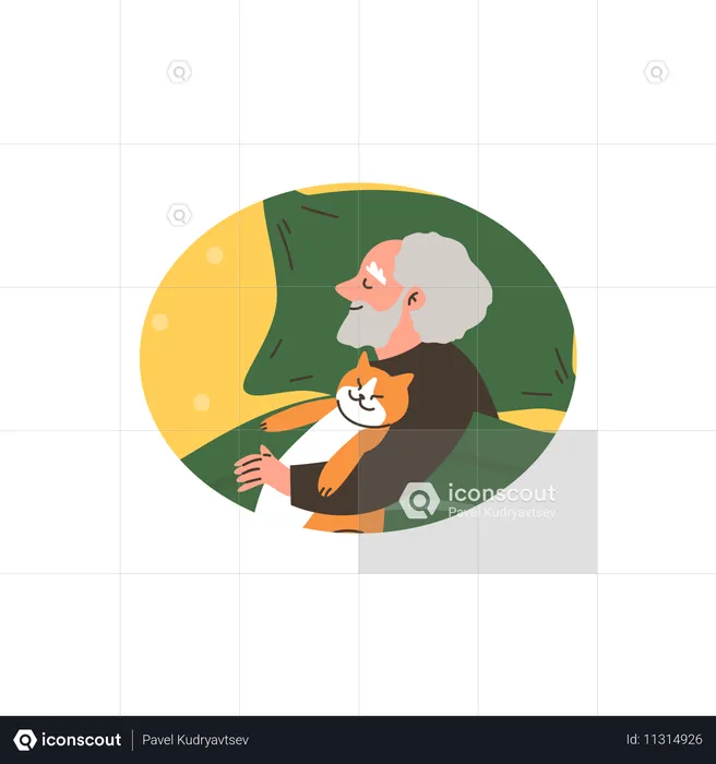 Elderly man sleeping under blanket on bed and hugging cat  Illustration