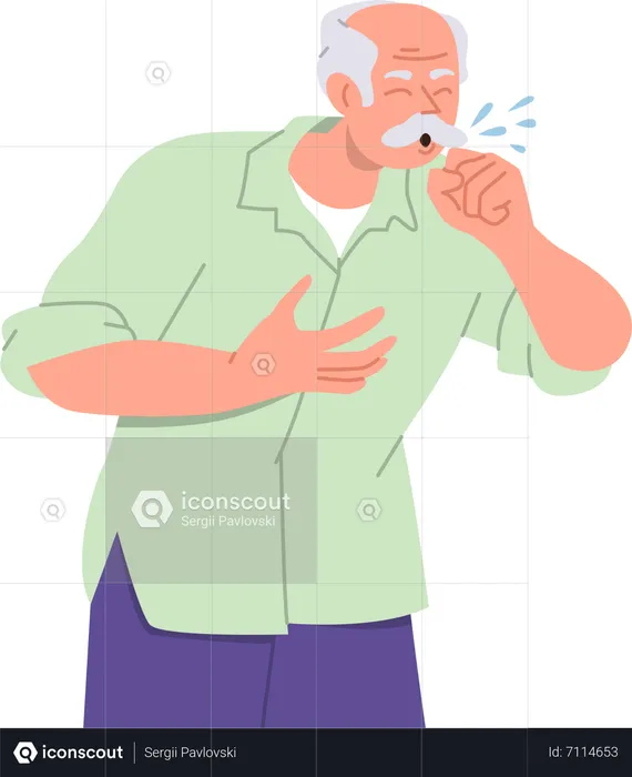 Elderly man sneezing in hand  Illustration