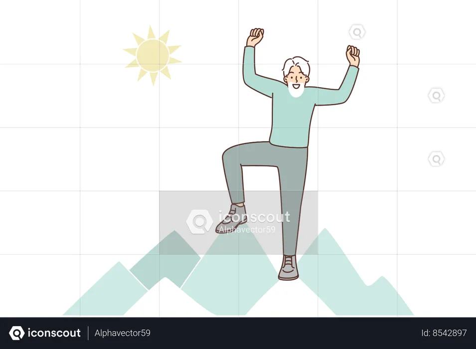 Elderly man stands on top of mountain  Illustration