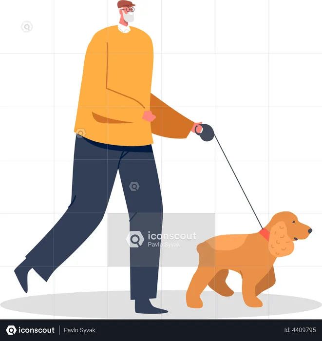 Elderly Man Walking With Dog  Illustration