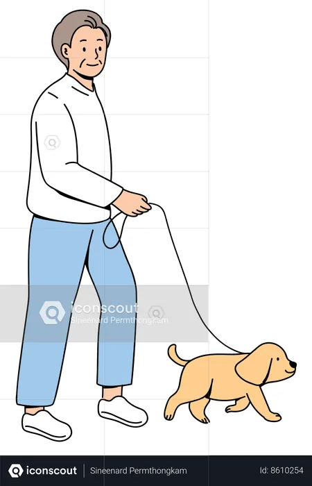 Elderly Man walking with dog  Illustration