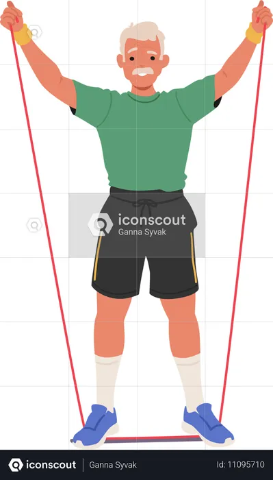 반바지, 신발, 티셔츠를 입고 저항 밴드로 운동하는 노인  일러스트레이션