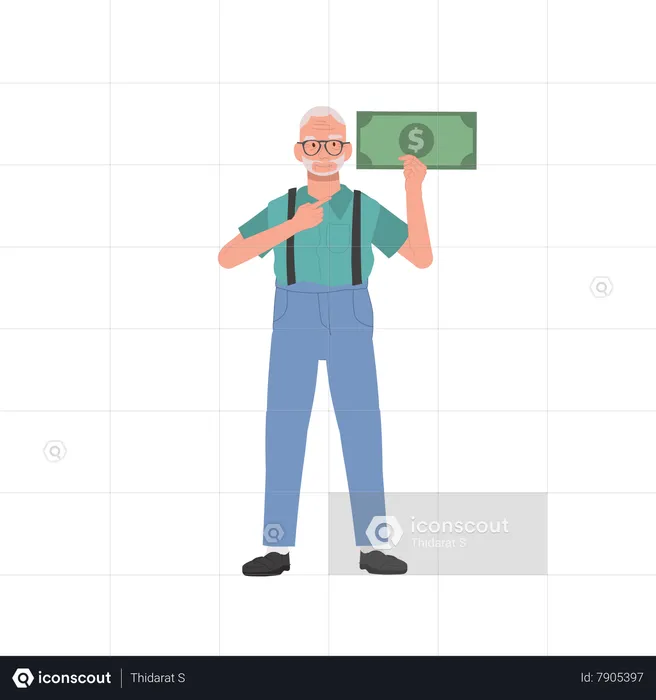 Elderly man with Big Money Note Showing Prosperity and Financial Confidence  Illustration